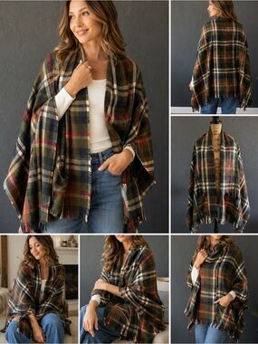 Grace & Lace Evergreen Plaid Pocket Wrap Poncho Shawl NIP